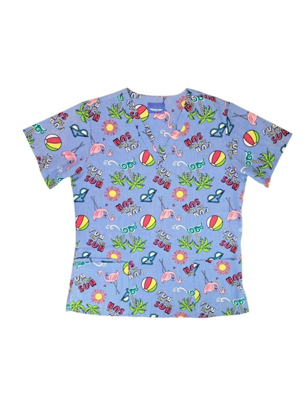 Carol's Scrubs Fun In The Sun Beach Scrub Top Flamingo Palm Tree Women Medium - Picture 8 of 10